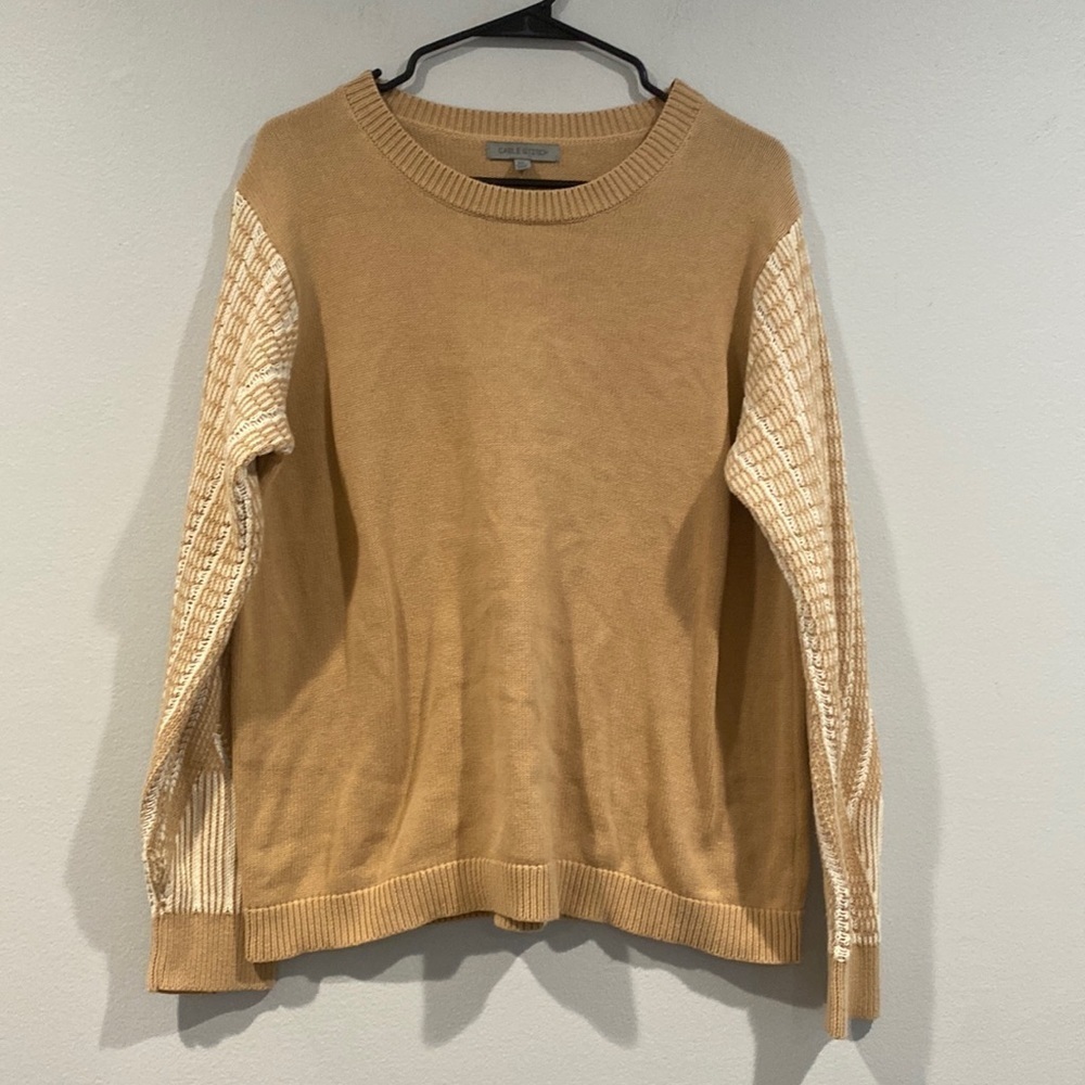 Cable Stitch Tan Patterned Sleeve Long Sleeve Sweater - Size Extra Large (XL)